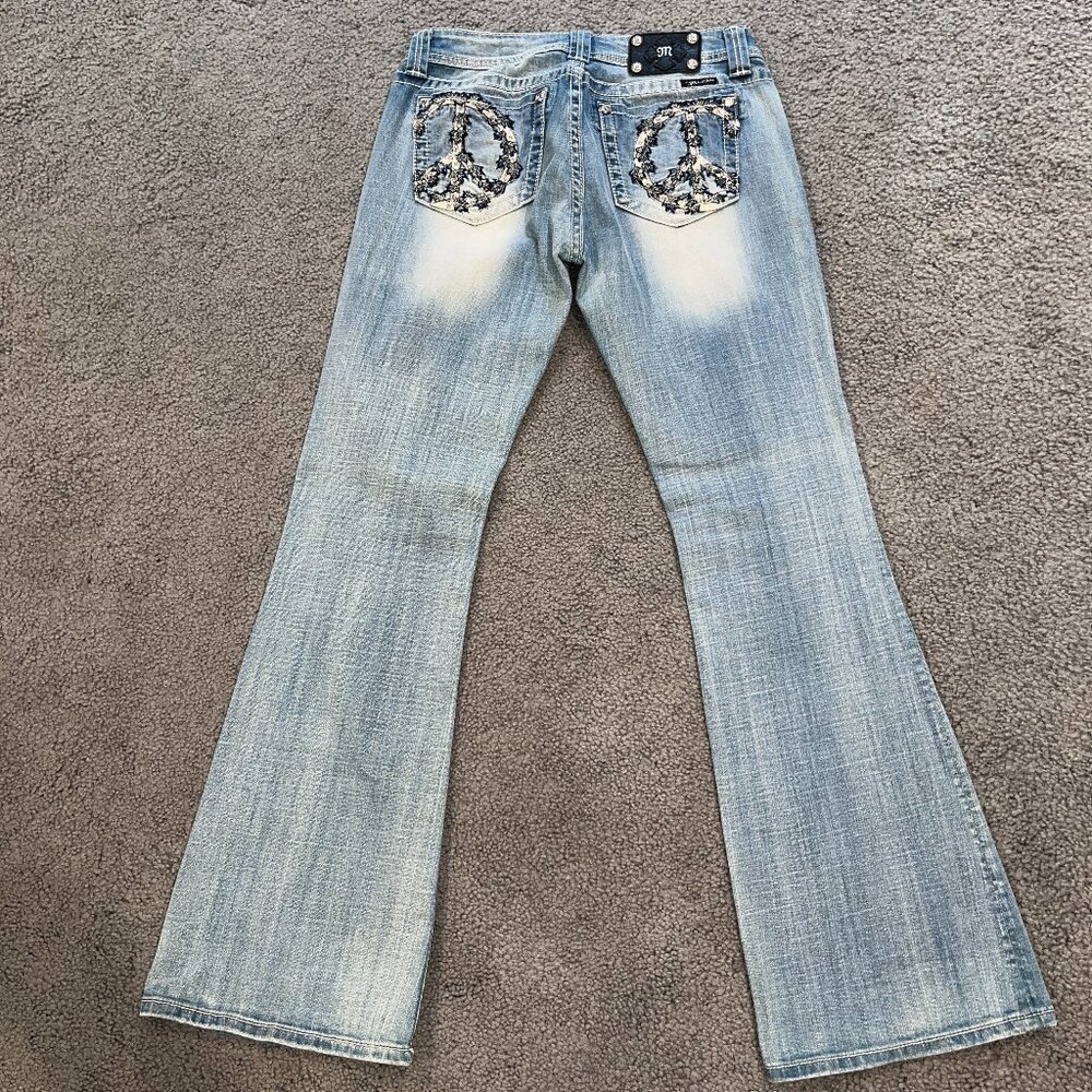 MISS ME Y2K Wide Bell Flare Blue Jeans - Embellished Peace Sign Pockets EUC -31